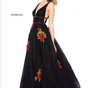 Sherri Hill Black Dress with Red Floral Accents